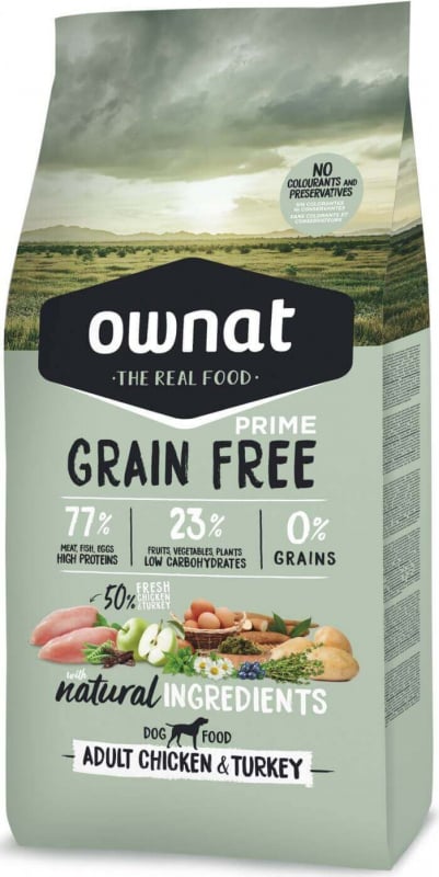 OWNAT PRIME Free Grain Adulto Ração seca para cão sem cereais de frango & peru