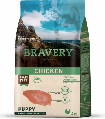 BRAVERY Puppy Medium & Large Sans Céréales Poulet pour Chiot de moyenne et grande taille