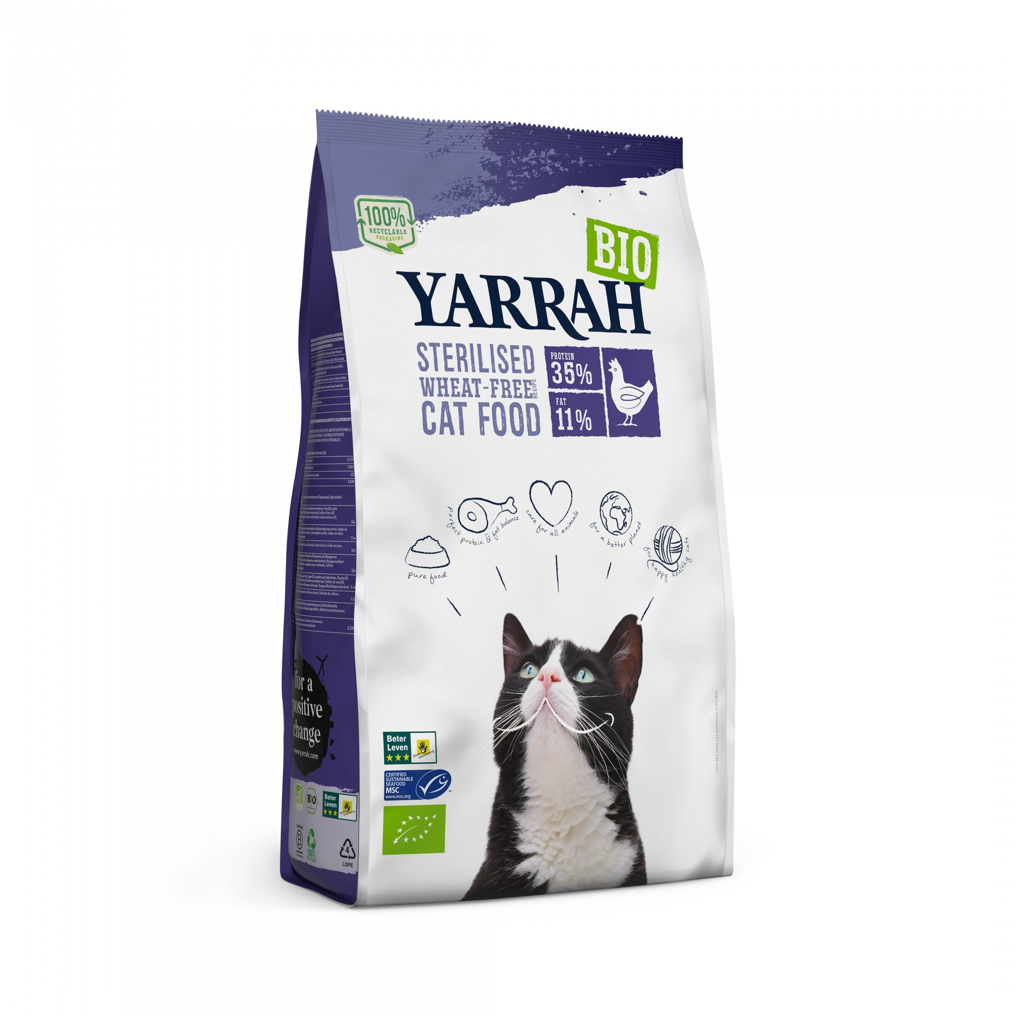 YARRAH Bio Sterilised - Alimento seco de frango sem cereais para gato adulto esterilizado