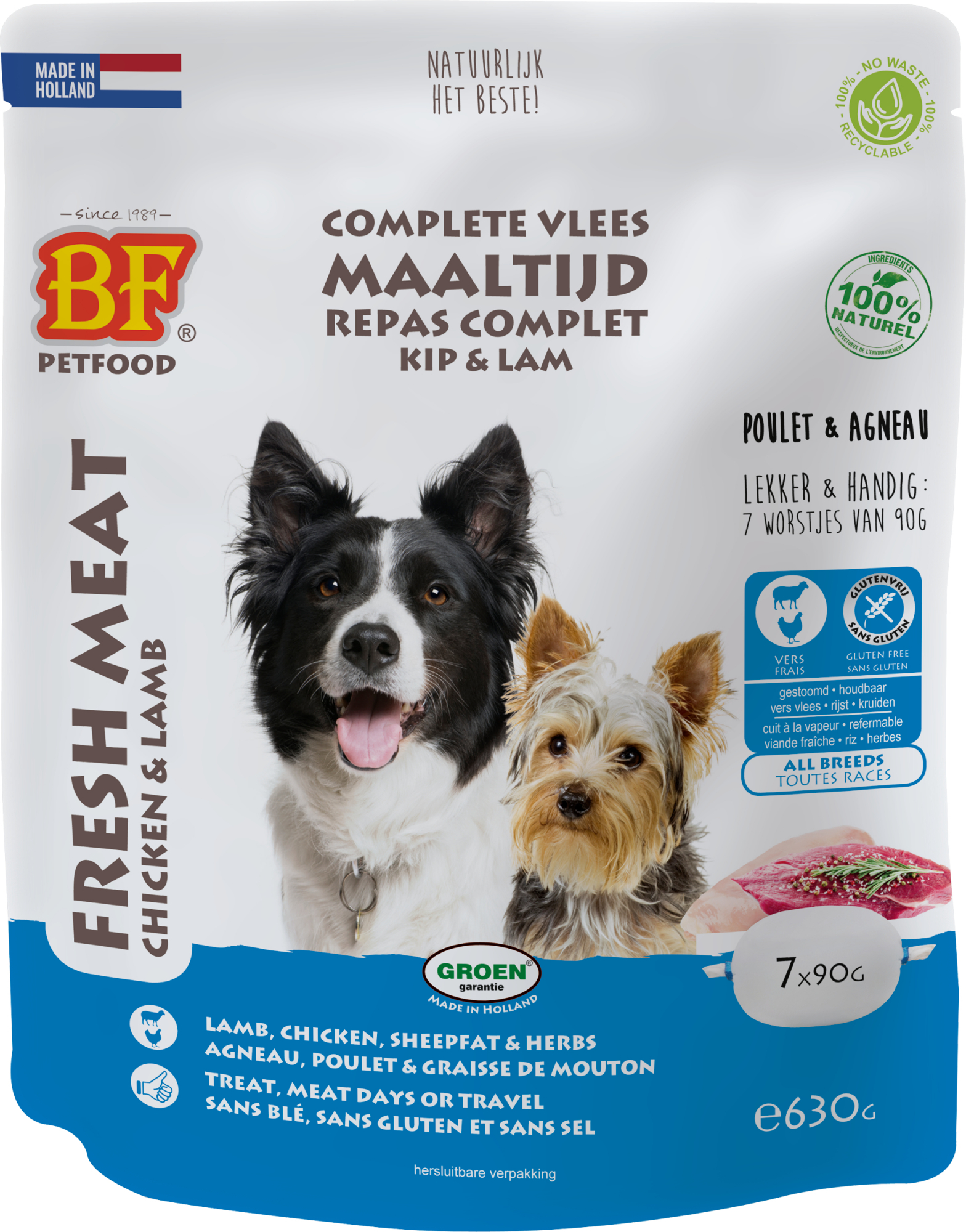 BF PETFOOD - BIOFOOD Comida húmeda para perros y cachorros 7x90gr - 3 Sabores