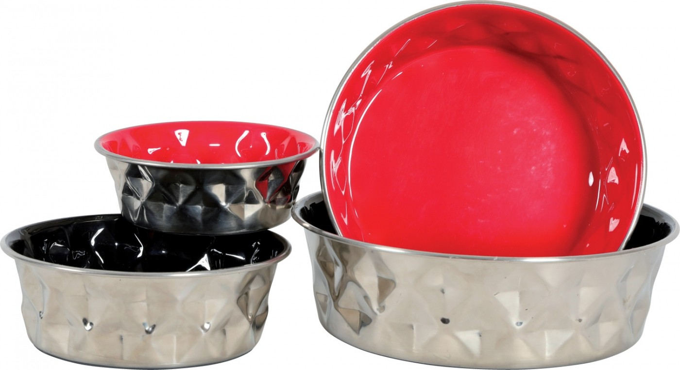 Voer- waterbak RVS anti-slip Diamond voor honden - zwart of rood