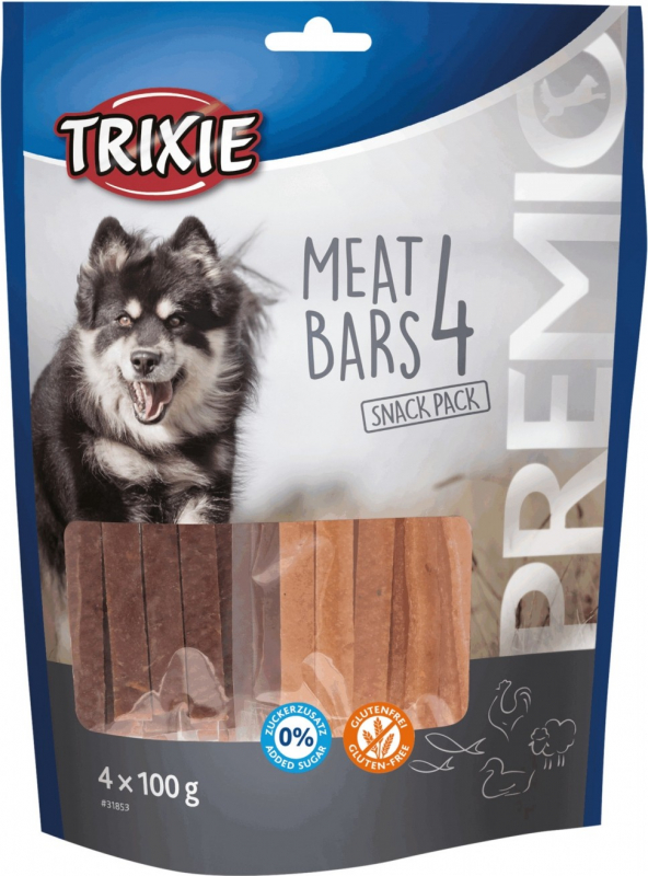 PREMIO 4 Meat Bars Packung von Kausnacks für Hunde 4 Geschmacksrichtungen von Huhn, Ente, Lamm und Lachs