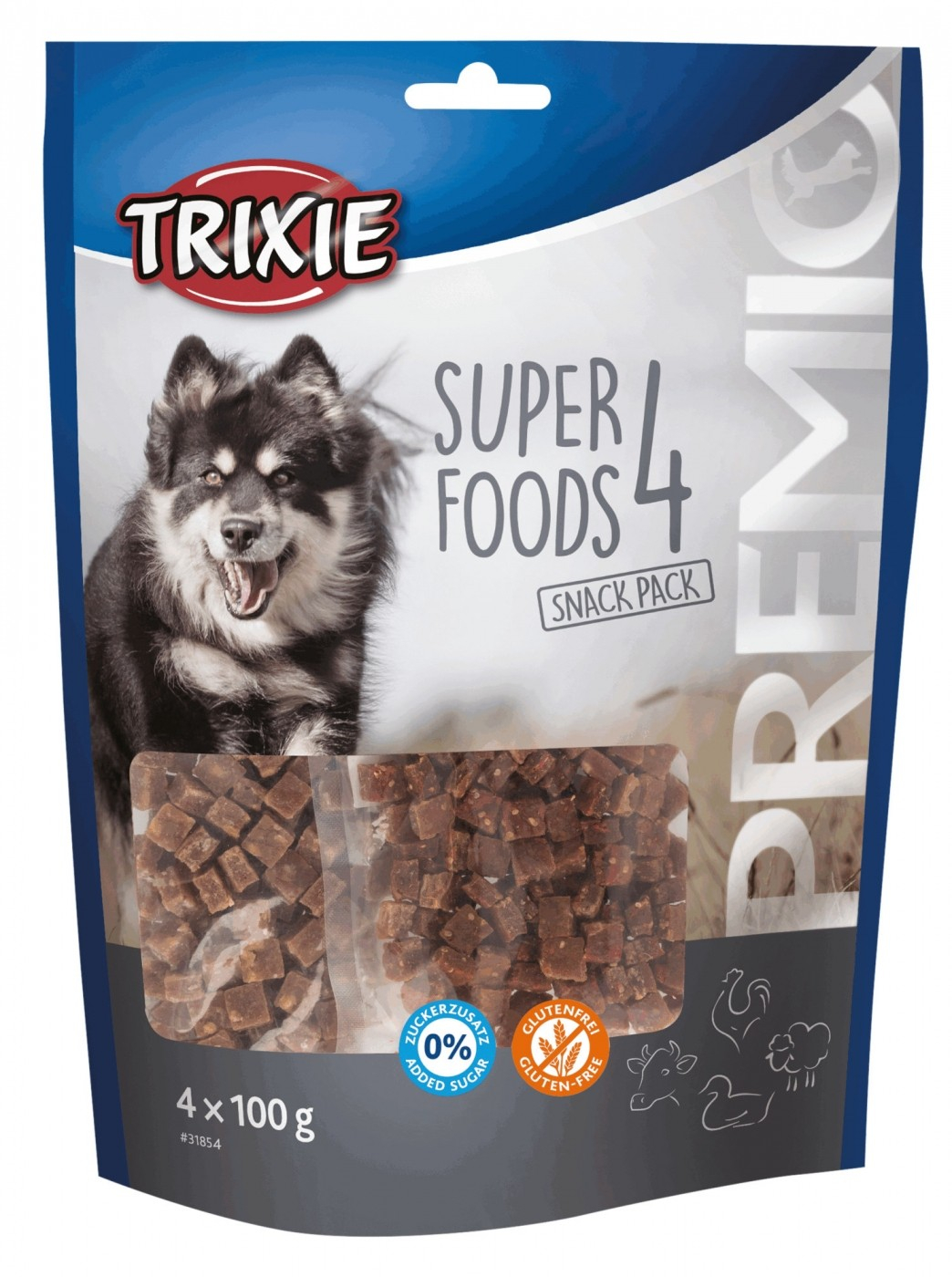 Premio Superfoods 4 Pack de snacks para perros con pollo, pato, ternera y cordero