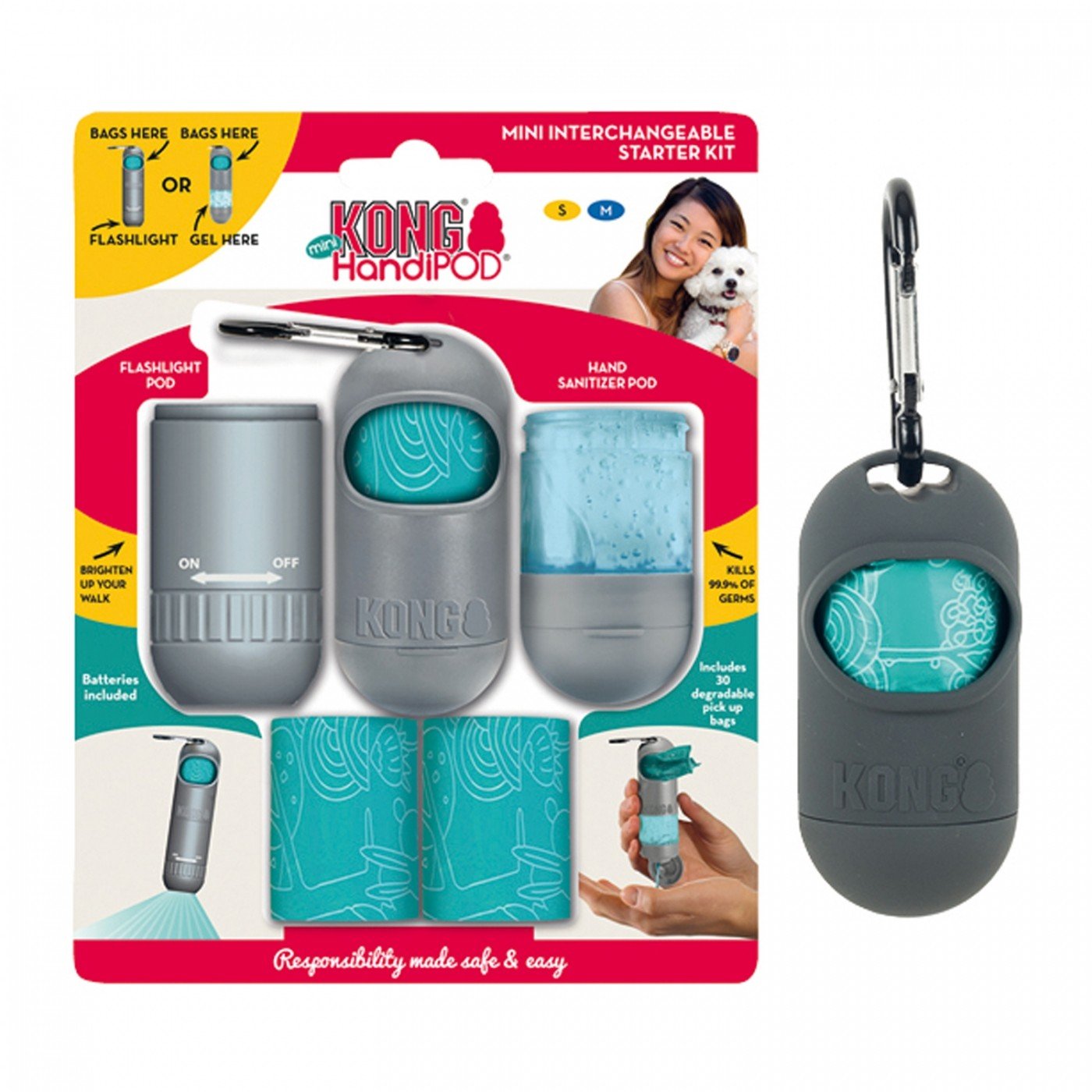 KONG Handipod Mini Dispensador de bolsas para excrementos con linterna y gel desinfectante