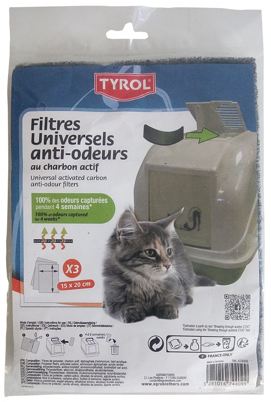 Filtri anti odore per lettiera per gatto ai carboni attivi. Set di 3. Tyrol