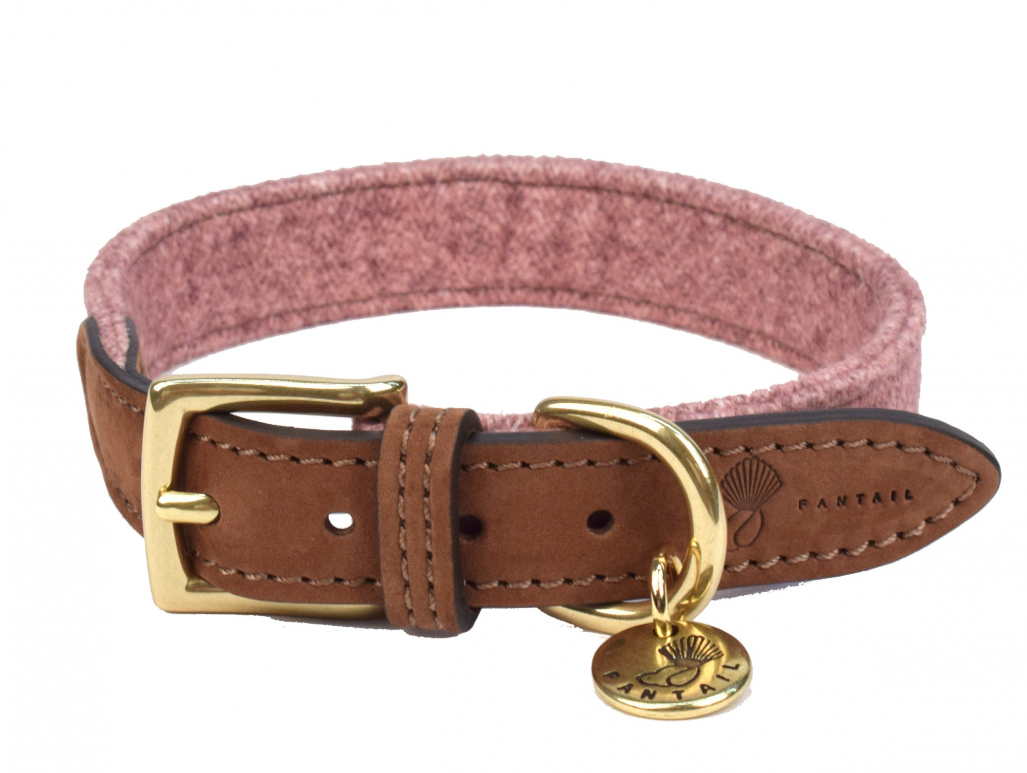 Collar Fantail de cuero y tela rosa para perro