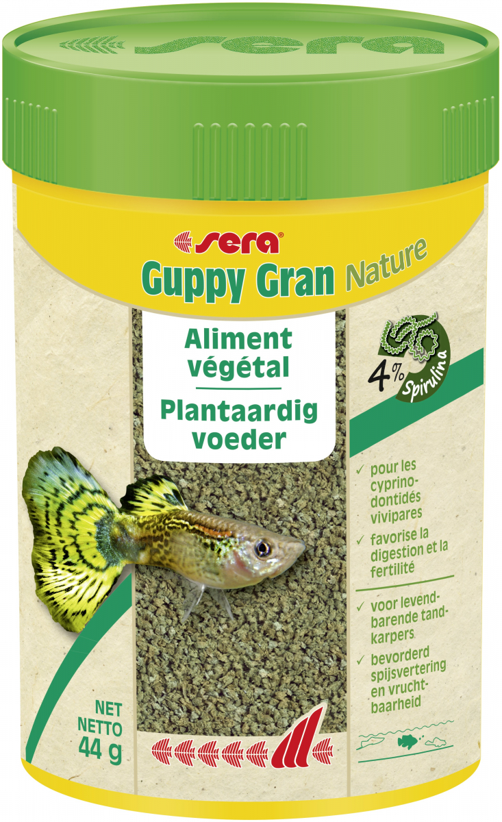 Sera Guppy Gran Nature aliment végétal en granulés pour Guppys et vivipares