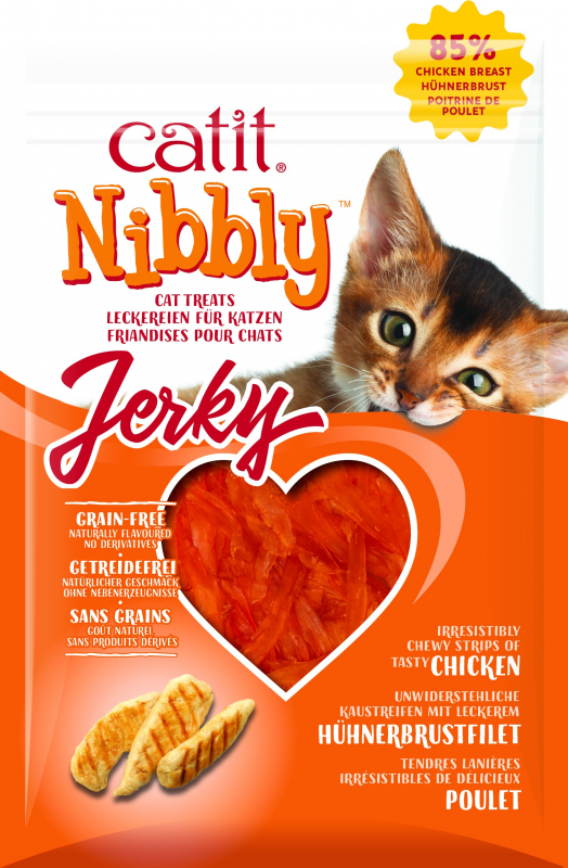 Natürliche Leckereien mit zarten Hühnchenstücken von Nibbly Jerky Catit - 2 Geschmacksrichtungen erhältlich