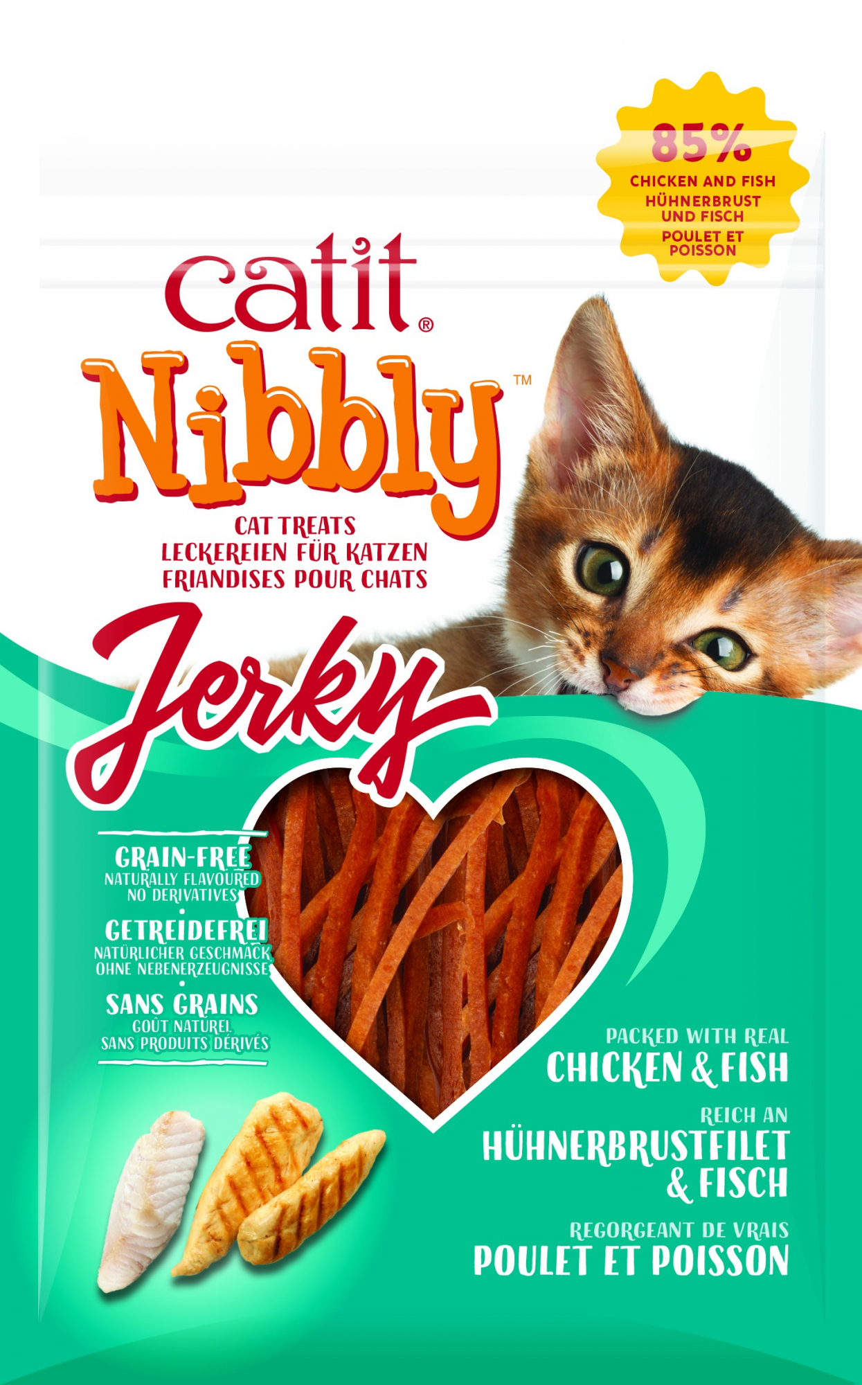 Snacks naturales Tiras de pollo Catit Nibbly Jerky para gatos - 2 sabores