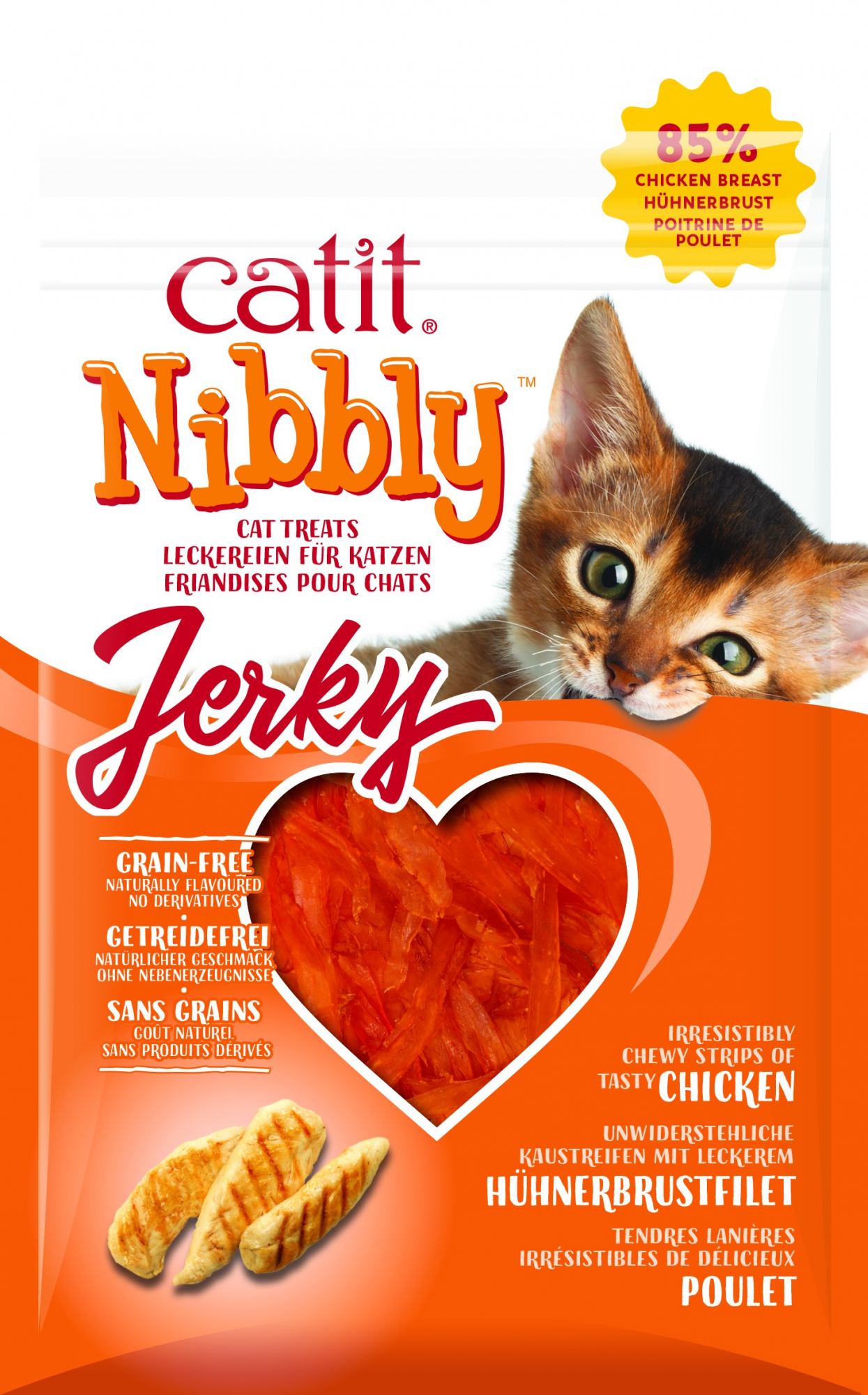Natürliche Leckereien mit zarten Hühnchenstücken von Nibbly Jerky Catit - 2 Geschmacksrichtungen erhältlich