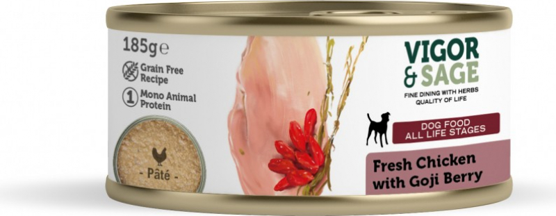 VIGOR & SAGE Grain Free Pollo y Bayas de Goji comida húmeda para cachorros