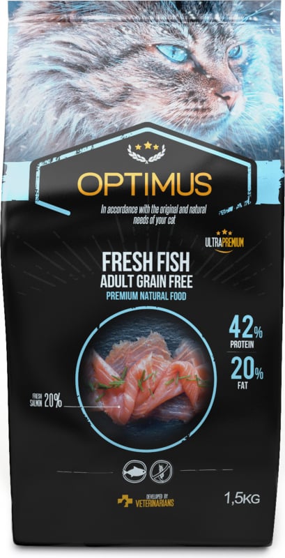 OPTIMUS Fresh Fish Ração seca para gato adulto com peixe fresco e sem cereais