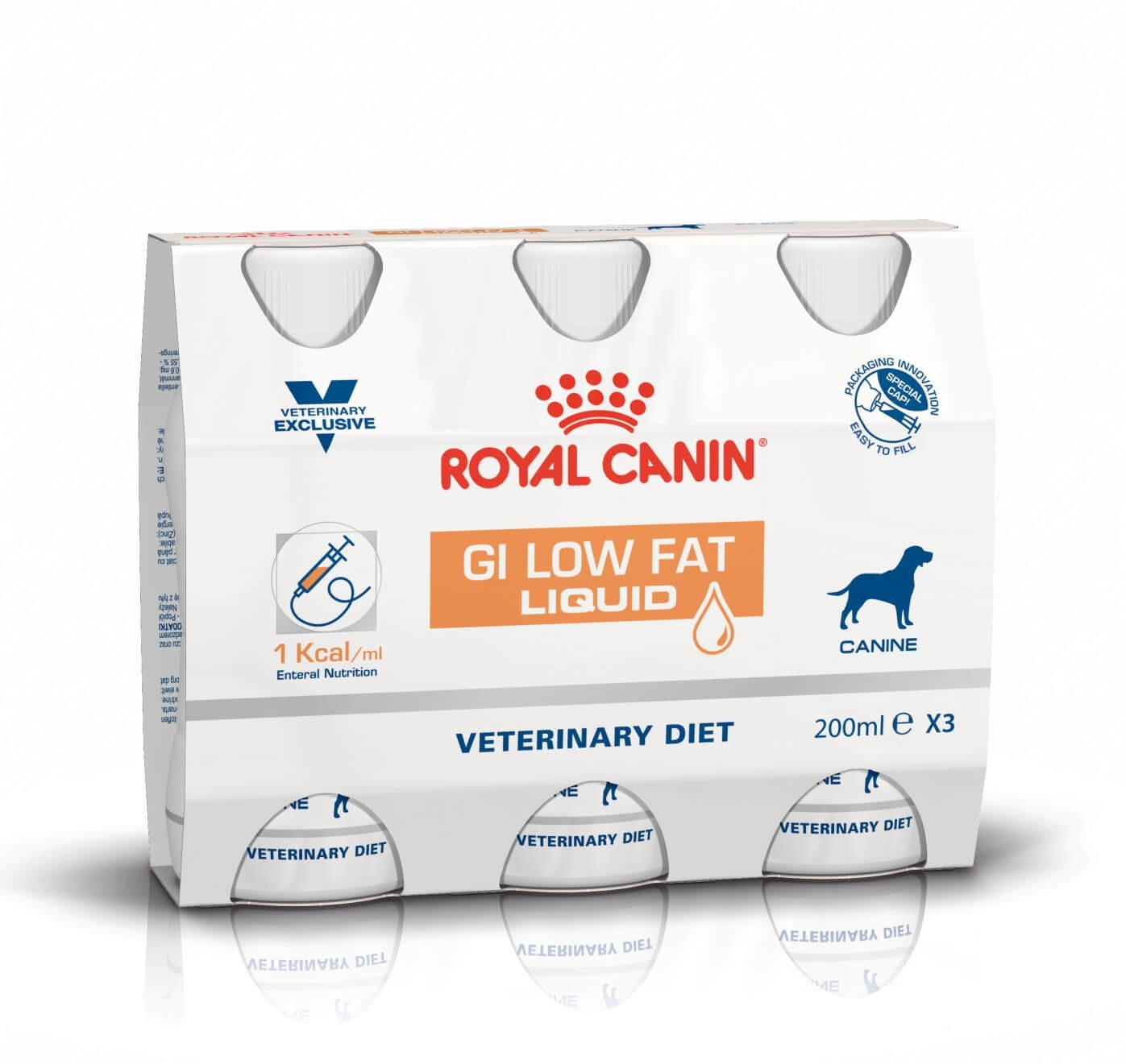 Packung mit Royal Canin Gastro Intestinal Low Fat in Fläschchen