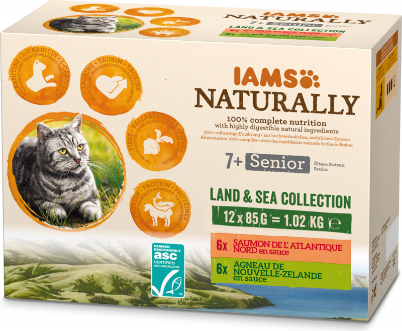 IAMS Naturally vershoudzakjes Land & Sea in saus, Cat Senior