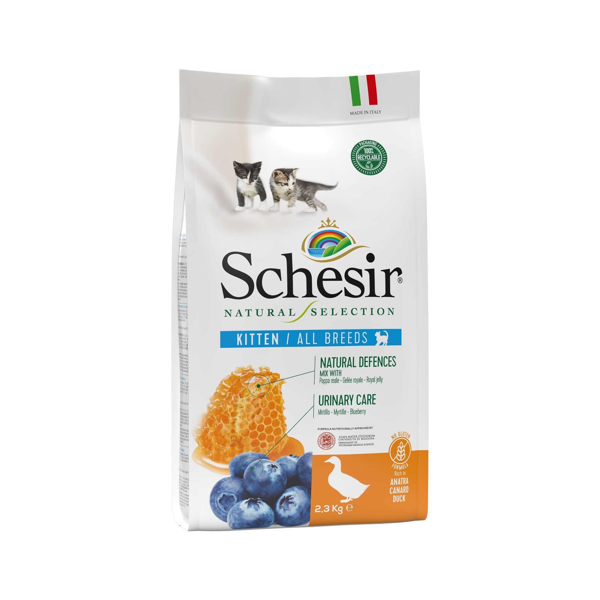 Schesir Natural Selection - Alimento seco para gatinho de pato e arroz integral