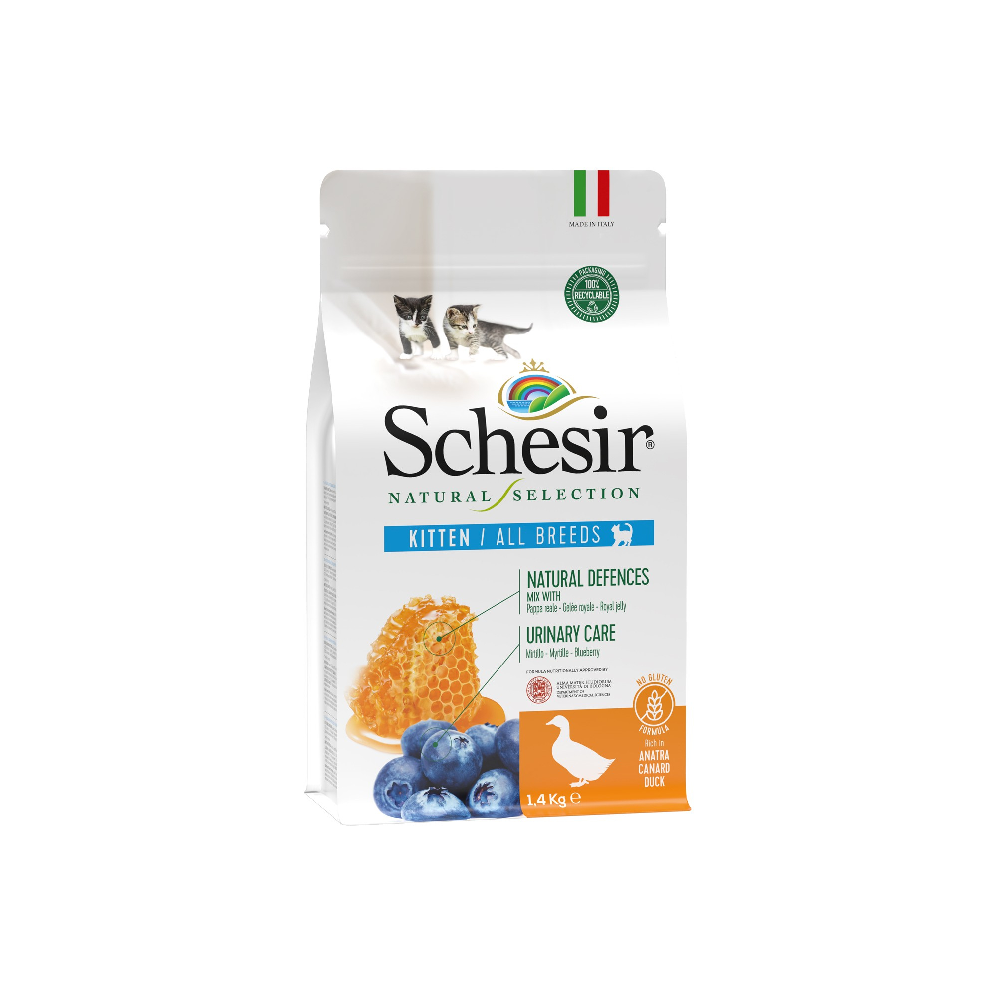 Schesir Natural Selection - Alimento seco para gatinho de pato e arroz integral