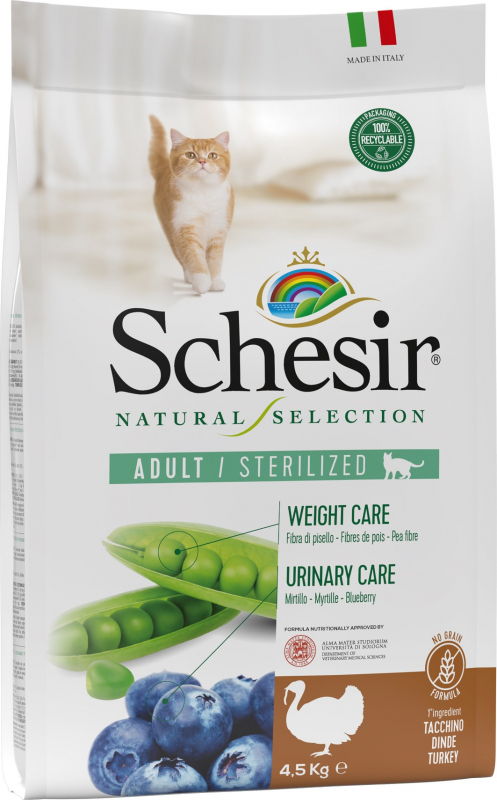 Schesir Natural Selection - Alimento seco de peru sem cereais para gato adulto esterilizado