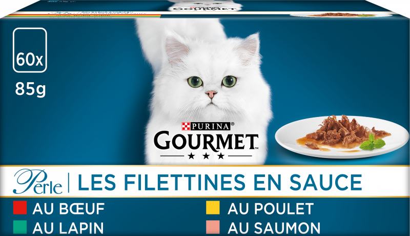 GOURMET PERLE Finas láminas de carne en salsa para gatos Pack de 4 recetas - 60x85gr