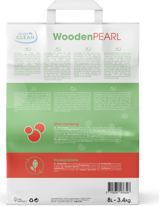 Litière végétale agglomérante Wooden Pearl pour chat et rongeurs Quality Clean