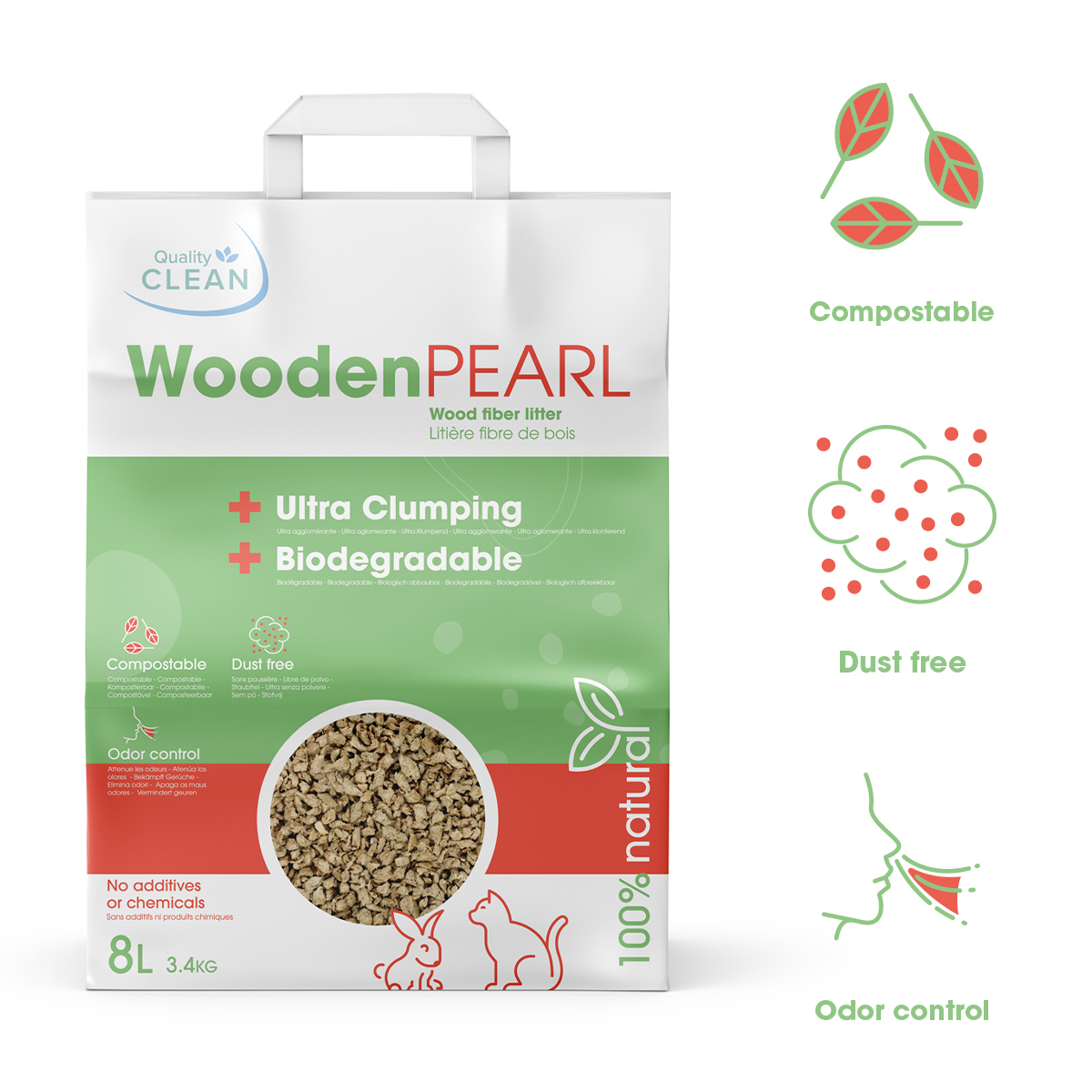 Substrato vegetal aglomerante Wooden Pearl para gato e outros animais roedores da Quality Clean