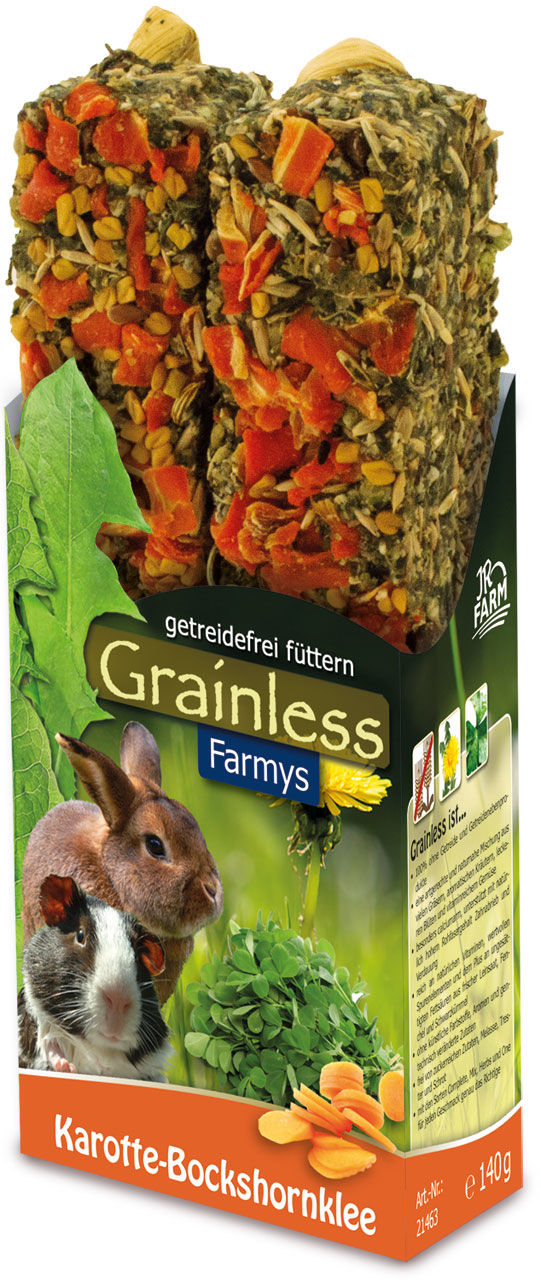 JR FARM Grainless Farmys feno-grego e cenoura para coelhos anões e roedores 140g